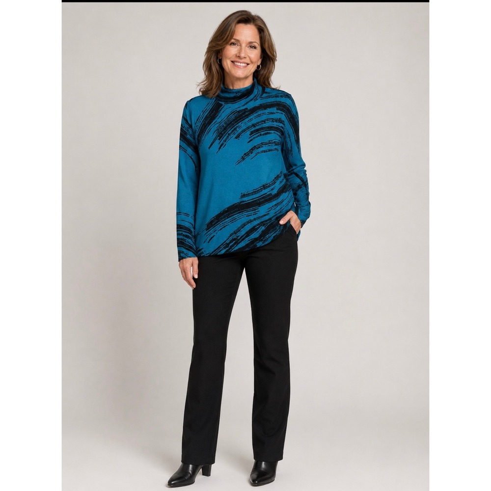 Chico's Women Teal Blue Abstract Brushstroke Mock Neck Pullover Sweater Size 1 M